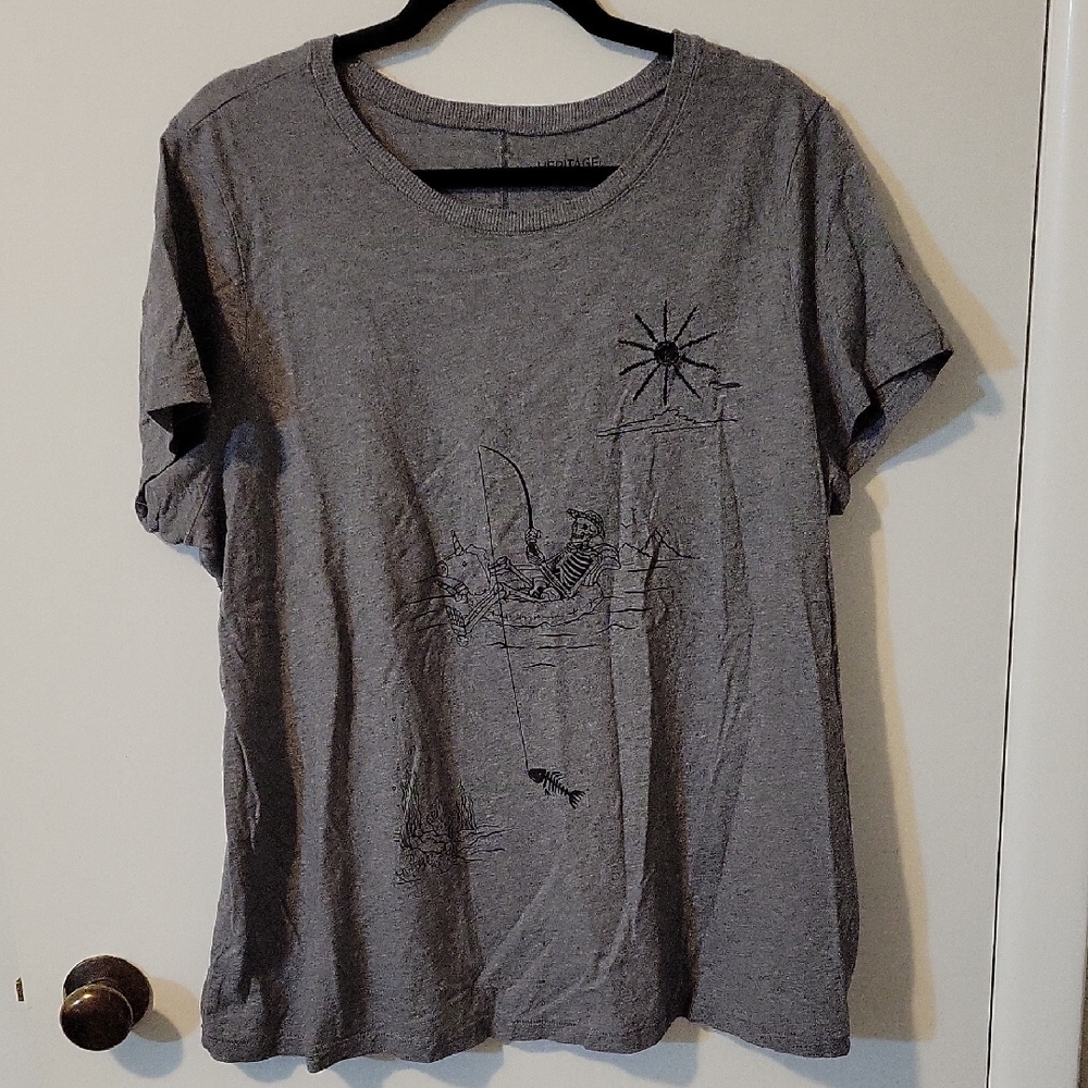 Torrid Grey Fishing Skeleton Classic Fit Heritage Jersey Crew Tee - Picture 2 of 11